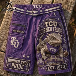 Texas Christian University Horned Frogs Purple Casual Shorts featuring TCU logo, stadium graphics, and a horned frog mascot.