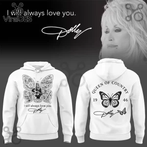 Dolly Parton Signature Tribute Pullover Hoodie featuring front butterfly collage and back Queen of Country graphic print.