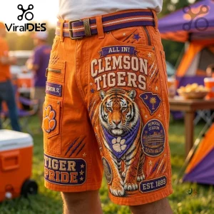 Clemson Tigers Orange Casual Shorts featuring a large tiger graphic, team text, paw prints, and embroidered stadium patches.