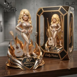 Dolly Parton 80th Anniversary Gold Acrylic Plaque featuring a sculpted figure, acoustic guitar, and microphone on base.