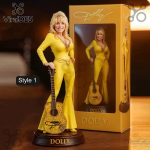 Dolly Parton Limited Edition Collectible Acrylic Plaque featuring a blonde figurine in a yellow jumpsuit with a guitar.