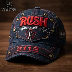 Rush 2112 Starman Distressed Denim Cap featuring red embroidery, metallic studs, and a white Starman logo on dark blue denim.