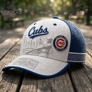 MLB Chicago Cubs 150th Anniversary Baseball Cap featuring white embossed imagery of a batter and blue patterned fabric.