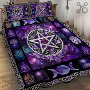 Witchcraft Pentagram Purple Galaxy Bedding Set features a central pentacle emblem, celestial moons, and celtic knot motifs.