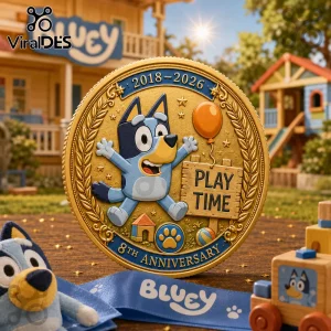 Bluey 8th Anniversary Gold Commemorative Coin featuring an embossed Bluey character, a balloon, and text on a gold medal.