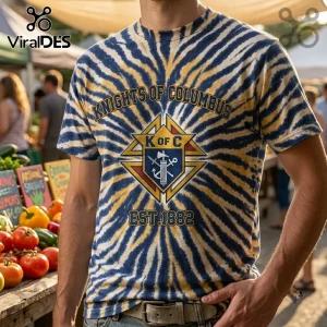 Knights of Columbus EST1882 tie dye t-shirt with blue and yellow spiral patterns and a centered fraternal emblem.