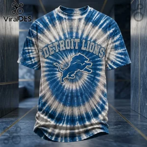 Detroit Lions NFL Mascot Blue Tie Dye Shirt featuring a white lion logo and radial blue and white fabric pattern.