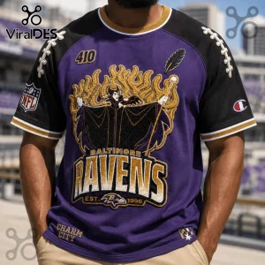 Maleficent x Baltimore Ravens Embroidered Purple Shirt featuring Maleficent in flames with NFL branding and 410 text.
