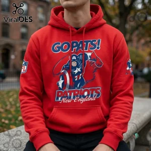 Captain America x New England Patriots 2026 red hoodie with Go Pats text, character shield graphic, and team branding.
