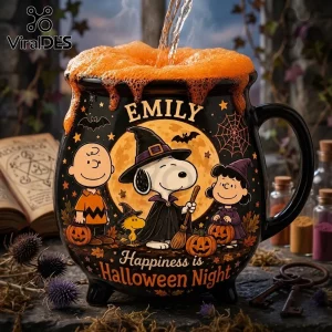 Peanuts Snoopy Halloween Black Cauldron Ceramic Coffee Mug featuring Charlie Brown, Snoopy, and Lucy under a full moon.