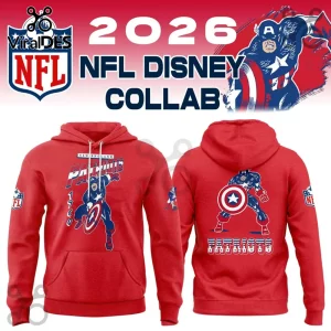 Captain America x New England Patriots red hoodie featuring Marvel character graphics, NFL branding, and text on back.