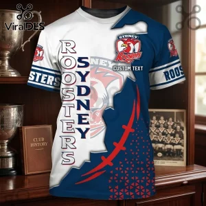 Sydney Roosters NRL Navy White Shirt featuring vertical text branding, club logos, and a ripped fabric design effect.