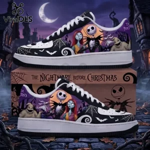 The Nightmare Before Christmas Gothic Halloween Low Top Sneakers featuring Jack Skellington, Sally, and Zero on purple.