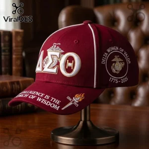 Delta Sigma Theta US Marine Corps maroon baseball cap with embroidered Greek letters, service emblem, and gold text details.