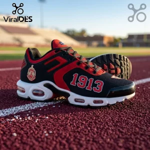 Delta Sigma Theta Sorority Air Max Plus Sneakers in black and red featuring the 1913 founding year and sorority crest.
