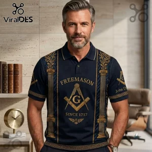 Freemason Custom Embroidered Polo Shirt featuring gold square and compass emblem, ornate pillar graphics, and dark navy fabric.