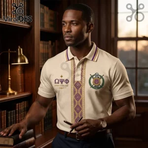 Premium Omega Psi Phi Cream Polo Shirt with purple and gold Greek embroidery and fraternity crest on a man in a library.