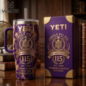 Omega Psi Phi 115th Anniversary Tie-Dye 40oz Tumbler with purple and gold crest design next to a matching gift box.