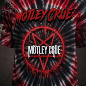 Motley Crue Tie Dye Pentagram T-Shirt 2026 featuring a red and black circular pentagram graphic on a marble tie-dye fabric.