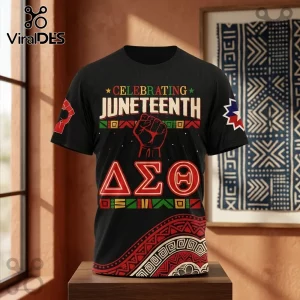 Delta Sigma Theta Juneteenth Black History Month Hoodie in black featuring a raised fist and Greek letters on the front.