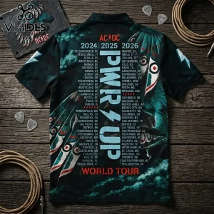 AC/DC Power Up World Tour 2024-2026 polo shirt featuring a black fabric background with teal lightning and tour city list.