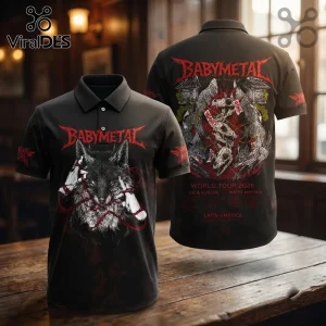 Babymetal World Tour 2026 Wolf Logo Polo Shirt featuring black fabric, red graphic details, and tour date typography.