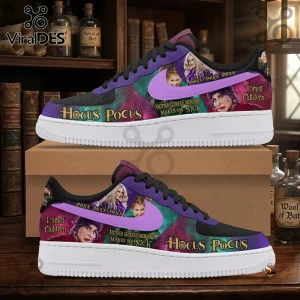 Hocus Pocus Sanderson Sisters purple Air Force 1 sneakers with character graphics, black leather, and white rubber soles.