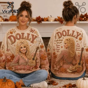 Dolly Parton Forever Autumn Ugly Sweater featuring Dolly portrait, acoustic guitar, butterflies, and fall leaves design.