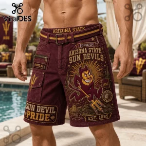 Arizona State Sun Devils Casual Shorts in maroon with a graphic Sun Devil mascot, Tempe branding, and utility pockets.