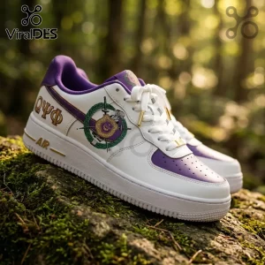 Custom Omega Psi Phi Purple Air Force 1 Sneakers featuring white leather, purple accents, and Greek fraternity crests.