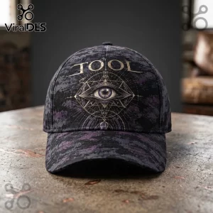 Tool Mystic Eye Camouflage Baseball Cap with purple and black camo pattern, featuring a centered occult geometric eye design.