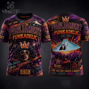 Parliament Funkadelic Mothership Spaceship shirt with vibrant cosmic graphics, crown, and P-Funk text on black fabric.