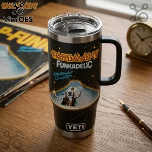 Parliament Funkadelic 58 Years Stanley Tumbler 40oz featuring Mothership Connection graphics on a black stainless cup.