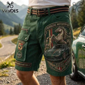 Porsche Motorsport Embossed Cargo Casual Shorts in olive green with a prancing horse emblem and racing car graphics.