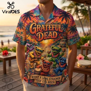 Grateful Dead Dancing Bears Hawaiian shirt featuring colorful bears, tropical sunset background, and band branding.