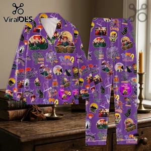 Hocus Pocus Sisters Purple Pajama Set featuring Sanderson sisters graphics, witches, black cats, and movie quotes.