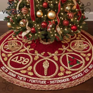 Delta Sigma Theta Velvet Christmas Tree Skirt in red with gold embroidery featuring elephant, torch, and logo emblems.