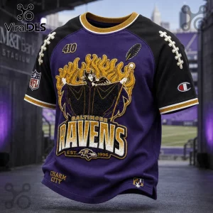 Maleficent x Baltimore Ravens embroidered purple shirt featuring gold flames, football icons, and team typography.