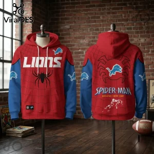 Detroit Lions x Spider-Man Brand New Day Hoodie featuring red and blue colors, spiderweb patterns, and team logos.