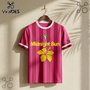 Zara Larsson Midnight Sun 2026 Pink Football Jersey featuring vertical striped fabric and a yellow hibiscus graphic.
