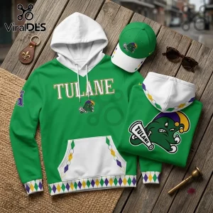 Tulane Green Wave 2026 City Edition Mardi Gras Hoodie featuring team logo, white hood, and purple, green, gold argyle trim.