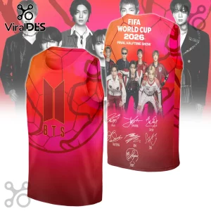 BTS FIFA World Cup 2026 pullover hoodie design featuring vibrant red, pink gradient colors and member signatures.