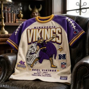 Minnesota Vikings Embroidered Mascot Champion Shirt featuring purple and cream colors, Norse warrior graphics, and NFL logos.