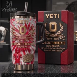 Ohio State Buckeyes 156th Anniversary Stanley Tumbler with red and white tie-dye pattern, logo, and commemorative box.