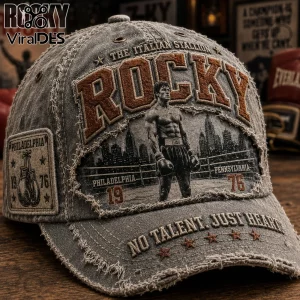 Rocky Balboa The Italian Stallion distressed baseball cap with embroidered lettering, Philadelphia skyline, and boxing imagery.