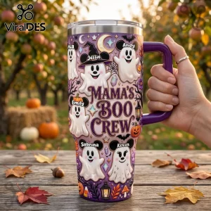 Personalized Mama’s Boo Crew Halloween Ghost 40oz tumbler with custom names, purple handle, and autumn orchard background.