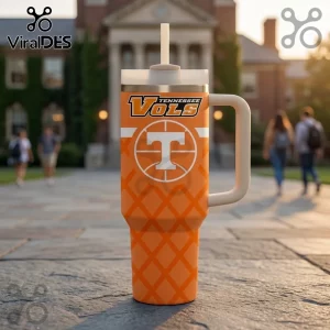Tennessee Volunteers Basketball Orange Stanley Tumbler featuring a white basketball net pattern and team logo on campus.