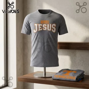 Tennessee Volunteers Team Jesus Heather Gray Shirt featuring orange athletic lettering on a gray crew neck short sleeve tee.