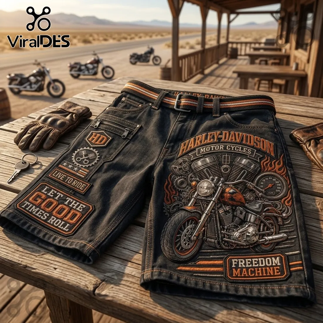 Harley-Davidson Vintage Motorcycle Black Denim Shorts Harley-Davidson Vintage Motorcycle Black Denim Shorts