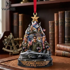 Top Gun Flying Proud 250 Years Resin Christmas Ornament featuring five pilots, a fighter jet, and 1776-2026 text.